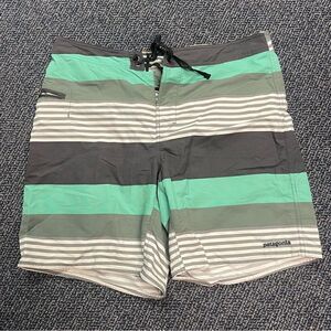 Patagonia Mens Teal, Gray and White Striped Swim Suit Size 36